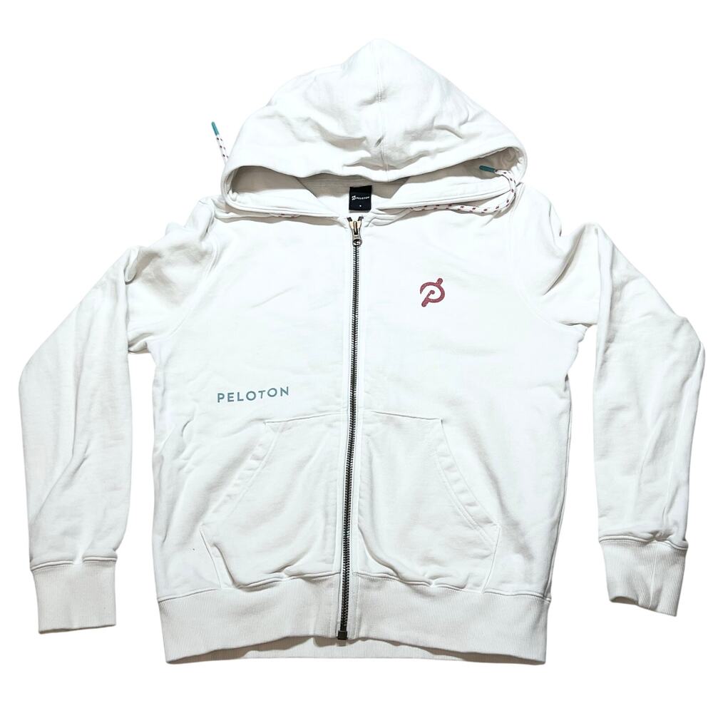 Peloton Hoodie Sweater Front Pockets Full Zipper Men Small White Used
